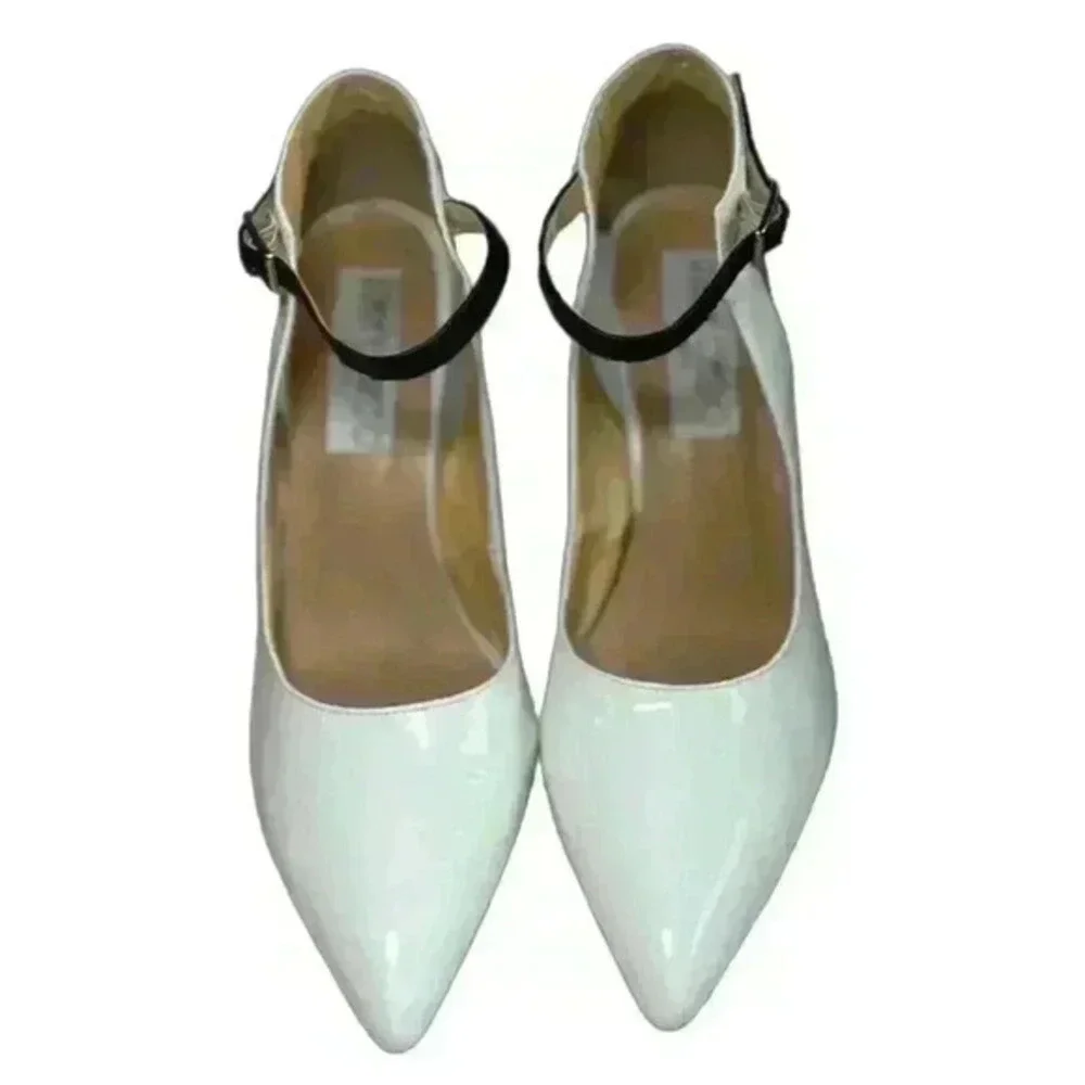 Jimmy Choo White Patent Leather w Black Ankle Strap Snakeskin Heel Pumps Size 39